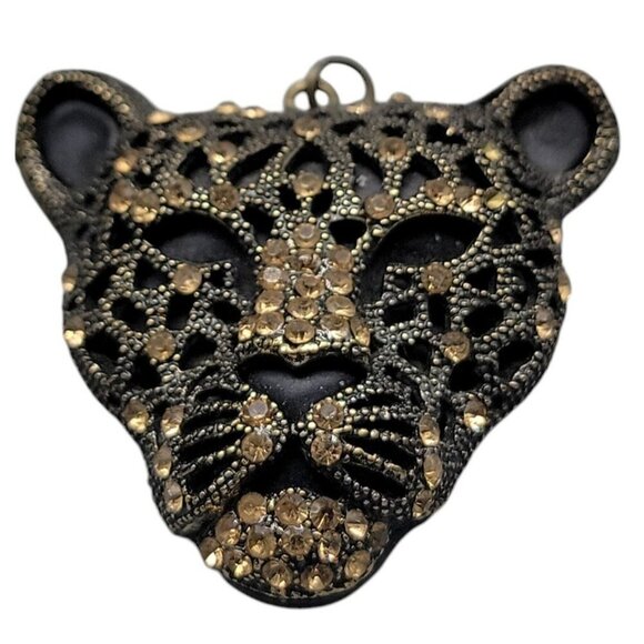 Leopard Panther Pendant Black Metal Gold Tone Texture & Rhinestones Stunning - Picture 2 of 13
